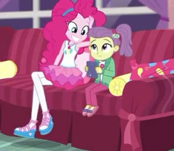Size: 407x355 | Tagged: safe, screencap, character:pinkie pie, episode:pinkie sitting, g4, my little pony:equestria girls, clothing, couch, cropped, female, hairband, jacket, lily pad (equestria girls), magical geodes, out of context, pants, pantyhose, shoes, side ponytail, skirt, smiling, young