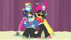 Size: 1920x1080 | Tagged: safe, screencap, character:pinkie pie, character:rainbow dash, character:snails, character:snips, episode:queen of clubs, g4, my little pony:equestria girls, backwards ballcap, baseball cap, cap, clothing, converse, dj snazzy snails, hat, hip hop, mc pinkie, mc snips, pants, rapper, rapper dash, rapper pie, shoes, stage