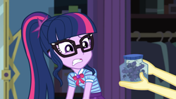 Size: 1920x1080 | Tagged: safe, screencap, character:fluttershy, character:twilight sparkle, character:twilight sparkle (scitwi), species:eqg human, episode:star crossed, g4, my little pony:equestria girls, disgusted, female, firefly, geode of telekinesis, glasses, insect, jar, scared, solo focus