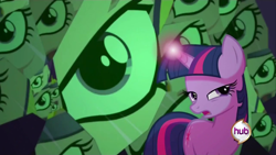 Size: 1280x720 | Tagged: safe, screencap, character:princess cadance, character:queen chrysalis, character:twilight sparkle, species:changeling, species:pony, species:unicorn, episode:a canterlot wedding, g4, my little pony: friendship is magic, 2spooky, fake cadance, hub logo, reflection, spoopy