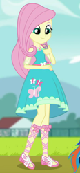 Size: 400x865 | Tagged: safe, screencap, character:fluttershy, character:rainbow dash, episode:the finals countdown, g4, my little pony:equestria girls, clothing, cropped, cute, dress, feet, female, geode of fauna, magical geodes, outfit catalog, sandals, solo