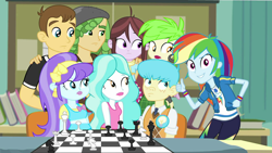 Size: 1920x1080 | Tagged: safe, screencap, character:aqua blossom, character:bright idea, character:cherry crash, character:paisley, character:rainbow dash, character:sandalwood, character:velvet sky, episode:queen of clubs, g4, my little pony:equestria girls, background human, bright idea, cherry crash, chess, chess club, chessboard, geode of super speed, group photo, magical geodes, photobomb, teddy t. touchdown, velvet sky