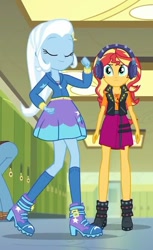 Size: 437x715 | Tagged: safe, screencap, character:sandalwood, character:sunset shimmer, character:trixie, episode:overpowered, g4, my little pony:equestria girls, boots, canterlot high, clothing, confident, cute, diatrixes, door, eyes closed, female, geode of empathy, hallway, headphones, high heel boots, high heels, hoodie, jacket, kneesocks, legs, lockers, shoes, skirt, smiling, smug, socks, strut