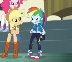 Size: 589x509 | Tagged: safe, screencap, character:applejack, character:pinkie pie, character:rainbow dash, episode:overpowered, g4, my little pony:equestria girls, boots, clothing, converse, cowboy boots, cowboy hat, cropped, crossed arms, denim skirt, faec, female, geode of super speed, geode of super strength, hat, magical geodes, pants, pantyhose, rainbow dash is best facemaker, shoes, skirt, smiling, sneakers, stetson