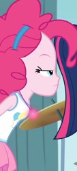 Size: 325x720 | Tagged: safe, screencap, character:pinkie pie, character:twilight sparkle, character:twilight sparkle (scitwi), species:eqg human, episode:overpowered, g4, my little pony:equestria girls, cropped, female, magical geodes, offscreen character, pinkie pie is not amused, solo, unamused