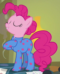 Size: 248x306 | Tagged: safe, screencap, character:pinkie pie, species:earth pony, species:pony, episode:rock solid friendship, g4, my little pony: friendship is magic, clothing, cropped, footed sleeper, onesie, outfit, outfit catalog, pajamas, solo