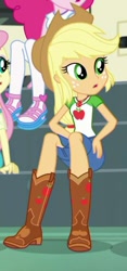 Size: 232x497 | Tagged: safe, screencap, character:applejack, character:fluttershy, character:pinkie pie, episode:overpowered, g4, my little pony:equestria girls, applejack's hat, boots, clothing, cowboy boots, cowboy hat, female, geode of super strength, hat, shoes, skirt
