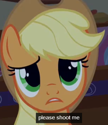 Size: 304x352 | Tagged: safe, screencap, character:applejack, species:earth pony, species:pony, episode:look before you sleep, g4, my little pony: friendship is magic, artifact, cropped, euthanasia, frown, kill me, lidded eyes, looking at you, meme, sad, solo, suicidal, text, youtube caption