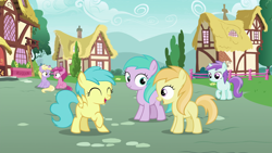 Size: 1920x1080 | Tagged: safe, screencap, character:aura, character:dinky hooves, character:liza doolots, character:noi, character:petunia, character:rainy feather, character:ruby pinch, character:tootsie flute, species:earth pony, species:pegasus, species:pony, species:unicorn, episode:secrets and pies, g4, my little pony: friendship is magic, background pony, eyes closed, female, filly, laughing, open mouth, rainy feather, raised leg, sitting, smiling, spread wings, wings