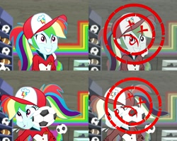 Size: 2400x1920 | Tagged: safe, screencap, character:rainbow dash, episode:epic fails, eqg summertime shorts, g4, my little pony:equestria girls, ball, bust, cap, censorship, clothing, comparison, dashabuse, faec, female, football, hat, ouch, ponytail, portrait, solo, sports, tv edits