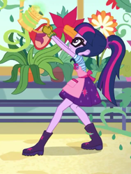 Size: 1536x2048 | Tagged: safe, screencap, character:twilight sparkle, character:twilight sparkle (scitwi), species:eqg human, episode:my little shop of horrors, g4, my little pony:equestria girls, apron, boots, celestia's house, clothing, flower, glasses, gloves, plant, plants, ponytail, potted plant, shoes, skirt, vine, watering can