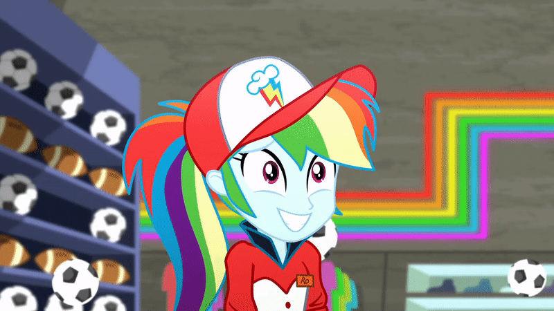 Size: 800x450 | Tagged: safe, screencap, character:rainbow dash, episode:epic fails, eqg summertime shorts, g4, my little pony:equestria girls, animated, ball, cap, clothing, dashabuse, faec, female, football, hat, ouch, ponytail, solo, sports