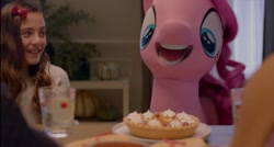 Size: 1306x699 | Tagged: dead source, safe, screencap, character:pinkie pie, species:human, brushable, commercial, food, live action, pie, target (store), toy