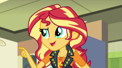 Size: 1280x720 | Tagged: safe, screencap, character:sunset shimmer, episode:overpowered, g4, my little pony:equestria girls, canterlot high, ceiling, clothing, female, geode of empathy, music room, open mouth, solo