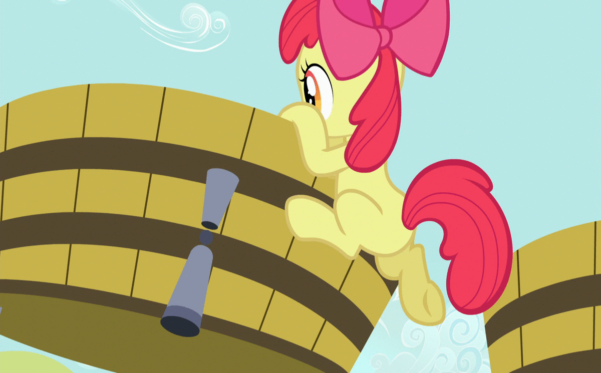 Size: 1200x745 | Tagged: safe, screencap, character:apple bloom, character:big mcintosh, species:pony, episode:brotherhooves social, g4, my little pony: friendship is magic, animated, climbing, crossdressing, cute, female, filly, food, gif, grapes, orchard blossom, stomping