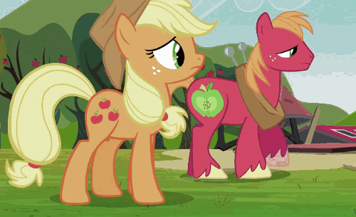 Size: 500x304 | Tagged: safe, screencap, character:applejack, character:big mcintosh, species:earth pony, species:pony, episode:too many pinkie pies, g4, my little pony: friendship is magic, angry, animated, cropped, duo, hat off, male, stallion