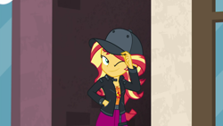 Size: 1280x720 | Tagged: safe, screencap, character:sunset shimmer, episode:display of affection, g4, my little pony:equestria girls, flanksy, one eye closed, solo, wink