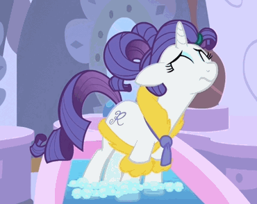 Size: 370x294 | Tagged: safe, screencap, character:rarity, species:pony, species:unicorn, episode:green isn't your color, g4, my little pony: friendship is magic, animated, bathrobe, blinking, clothing, female, floppy ears, frown, gif, gritted teeth, mare, marshmelodrama, pouting, rarity being rarity, robe, sad, solo, spa