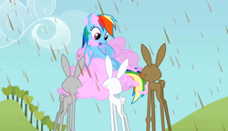 Size: 2560x1476 | Tagged: safe, screencap, character:rainbow dash, species:pegasus, species:pony, species:rabbit, episode:the return of harmony, g4, my little pony: friendship is magic, candy, chocolate, chocolate rain, cloud, cotton candy, cotton candy cloud, food, girabbit, rain, sticky