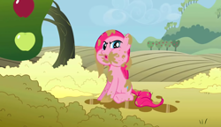 Size: 2560x1476 | Tagged: safe, screencap, character:pinkie pie, species:earth pony, species:pony, episode:the return of harmony, g4, my little pony: friendship is magic, angry, apple, apple tree, chocolate, chocolate milk, eating, female, food, giant apple, mare, messy, messy mane, milk, popcorn, puffy cheeks, solo, tree, wet, wet mane