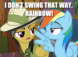 Size: 1280x940 | Tagged: safe, screencap, character:daring do, character:rainbow dash, i am an adult, i need an adult, image macro, lidded eyes, meme, shipping denied