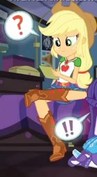 Size: 362x662 | Tagged: safe, screencap, character:applejack, episode:the finals countdown, g4, my little pony:equestria girls, boots, clothing, cowboy boots, cowboy hat, cropped, denim skirt, female, hat, high heel boots, shoes, skirt, stetson, thought bubble