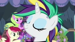 Size: 1280x720 | Tagged: safe, screencap, character:daisy, character:rarity, character:roseluck, species:earth pony, species:pony, species:unicorn, episode:it isn't the mane thing about you, g4, my little pony: friendship is magic, alternate hairstyle, cute, cuteluck, eyes closed, female, flower, mare, punk, punkity, raribetes, smiling