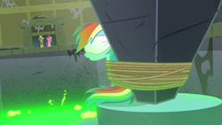 Size: 1280x720 | Tagged: safe, screencap, character:daring do, character:pinkie pie, character:rainbow dash, episode:daring done, blindfold, bondage, rainbond dash, rope, tied up