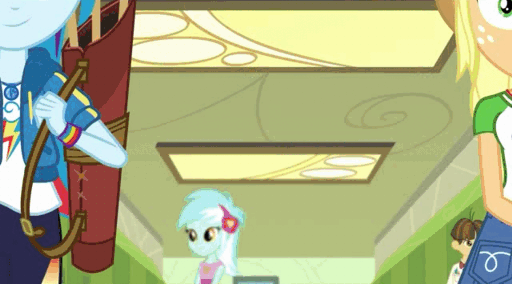 Size: 512x284 | Tagged: safe, screencap, character:applejack, character:curly winds, character:lyra heartstrings, character:rainbow dash, character:scribble dee, character:wiz kid, episode:queen of clubs, g4, my little pony:equestria girls, animated, background human, care root, curly winds, dramatic widescreen, geode of super speed, geode of super strength, gif, magical geodes, rivalry, school, some blue guy, walking, wiz kid