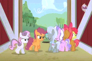 Size: 300x200 | Tagged: safe, screencap, character:apple bloom, character:babs seed, character:diamond tiara, character:scootaloo, character:silver spoon, character:sweetie belle, species:pegasus, species:pony, episode:one bad apple, g4, my little pony: friendship is magic, animated, bumblebee, cutie mark crusaders, hub logo, miko, miko nakadai, royal air force, transformers