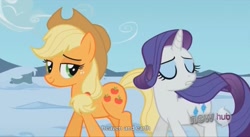 Size: 1577x865 | Tagged: safe, screencap, character:applejack, character:rarity, episode:the crystal empire, g4, my little pony: friendship is magic, bedroom eyes, earth, heaven, youtube caption, youtube link