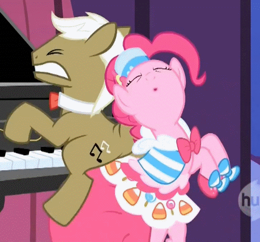 Size: 515x480 | Tagged: safe, screencap, character:frederic horseshoepin, character:pinkie pie, species:earth pony, species:pony, episode:the best night ever, g4, my little pony: friendship is magic, animated, bipedal, butt bump, butt rub, butt to butt, butt touch, clothing, cropped, dress, eyes closed, female, gala dress, grand galloping gala, grimace, loop, male, mare, piano, pony pokey, singing, stallion, wat