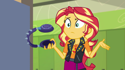 Size: 1280x720 | Tagged: safe, screencap, character:sunset shimmer, episode:overpowered, g4, my little pony:equestria girls, canterlot high, clothing, door, female, geode of empathy, headphones, music room, shrug, shrugset shimmer, solo, spikes, standing