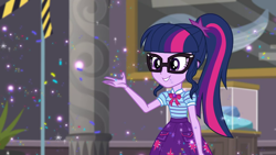 Size: 1280x720 | Tagged: safe, screencap, character:twilight sparkle, character:twilight sparkle (scitwi), species:eqg human, episode:school of rock, g4, my little pony:equestria girls, clothing, female, glasses, ponytail, skirt, smiling, solo