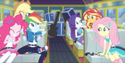 Size: 2862x1446 | Tagged: safe, screencap, character:applejack, character:fluttershy, character:pinkie pie, character:rainbow dash, character:rarity, character:sunset shimmer, episode:road trippin', g4, my little pony:equestria girls, bus, seatbelt, tour bus