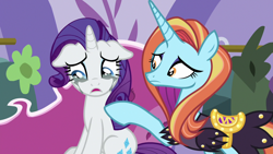 Size: 1280x720 | Tagged: safe, screencap, character:rarity, character:sassy saddles, episode:forever filly, g4, my little pony: friendship is magic, comforting, crying, floppy ears, makeup, running makeup