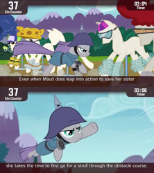 Size: 854x960 | Tagged: safe, screencap, character:maud pie, species:earth pony, species:pony, episode:maud pie, g4, my little pony: friendship is magic, cinemare sins, determined, female, helmet, leaping, mare, obstacle course, pickelhaube, ponyquin, running, solo
