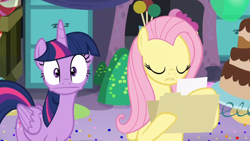 Size: 1600x900 | Tagged: safe, screencap, character:fluttershy, character:twilight sparkle, character:twilight sparkle (alicorn), species:alicorn, species:pegasus, species:pony, episode:party pooped, g4, my little pony: friendship is magic, :|, balloon, cake, confetti, eyes closed, faec, female, file, food, hoof hold, looking at you, mare, party cave, reading, they're just so cheesy