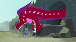 Size: 1280x720 | Tagged: safe, screencap, character:maud pie, species:earth pony, species:pony, episode:rock solid friendship, g4, my little pony: friendship is magic, drool, fangs, female, helmet, imminent vore, mare, mining helmet, peril, quarray eel, rock, solo