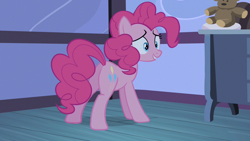 Size: 1280x720 | Tagged: safe, screencap, character:pinkie pie, species:earth pony, species:pony, episode:baby cakes, g4, my little pony: friendship is magic, female, mare, plot, smiling, solo