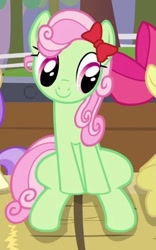 Size: 290x465 | Tagged: safe, screencap, character:alula, character:apple bloom, character:florina tart, character:pluto, species:earth pony, species:pony, episode:apple family reunion, g4, my little pony: friendship is magic, apple family member, background pony, bow, cropped, cute, eyes on the prize, female, florinadorable, hair bow, mare, smiling, solo focus