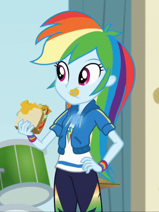 Size: 313x417 | Tagged: safe, screencap, character:rainbow dash, episode:overpowered, g4, my little pony:equestria girls, animated, chewing, cropped, eating, food, messy eating, mustard, sandwich, sauce, solo