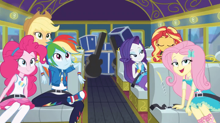 Size: 720x404 | Tagged: safe, screencap, character:applejack, character:fluttershy, character:pinkie pie, character:rainbow dash, character:rarity, character:sunset shimmer, episode:road trippin', g4, my little pony:equestria girls, animated, bus, clothing, converse, seatbelt, shoes, sneakers, tour bus