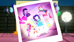 Size: 1366x768 | Tagged: safe, screencap, character:applejack, character:fluttershy, character:pinkie pie, character:rainbow dash, character:rarity, character:twilight sparkle, episode:a photo booth story, eqg summertime shorts, g4, my little pony:equestria girls, fall formal outfits, grin, jumping, mane six, photographs, pose, smiling