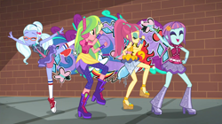 Size: 1912x1072 | Tagged: safe, screencap, character:lemon zest, character:sour sweet, character:sugarcoat, character:sunny flare, equestria girls:dance magic, g4, my little pony:equestria girls, adoraflare, boots, clothing, converse, crystal prep shadowbolts, cute, cutie mark, ear piercing, earring, eyes closed, female, freckles, glasses, graffiti, group, headphones, heart, high heel boots, high heels, jewelry, legs, open mouth, piercing, pigtails, pointe, ponytail, raised leg, shoes, skirt, skirt lift, sneakers, socks, sourbetes, sugarcute, tutu, twintails, wristband, zestabetes