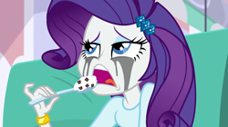 Size: 1912x1072 | Tagged: safe, screencap, character:rarity, equestria girls:dance magic, g4, my little pony:equestria girls, bracelet, comfort eating, crying, eating, food, ice cream, jewelry, makeup, marshmelodrama, mascara, mascarity, nom, running makeup, sad, solo, spoon