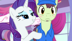 Size: 1920x1080 | Tagged: safe, screencap, character:package deal, character:rarity, episode:rarity investigates, g4, my little pony: friendship is magic, delivery pony, facial hair, flirting, goatee, lidded eyes