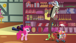 Size: 1280x720 | Tagged: safe, screencap, character:discord, character:pinkie pie, species:draconequus, species:earth pony, species:pony, episode:discordant harmony, g4, my little pony: friendship is magic, duo, female, lava lamp, male, mare, piñata, rubber chicken, shopping cart, store, volcano