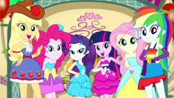 Size: 1280x720 | Tagged: safe, screencap, character:applejack, character:fluttershy, character:pinkie pie, character:rainbow dash, character:rarity, character:twilight sparkle, character:twilight sparkle (alicorn), episode:a photo booth story, eqg summertime shorts, g4, my little pony:equestria girls, clothing, fall formal outfits, fingerless gloves, freckles, gloves, looking at you, open mouth
