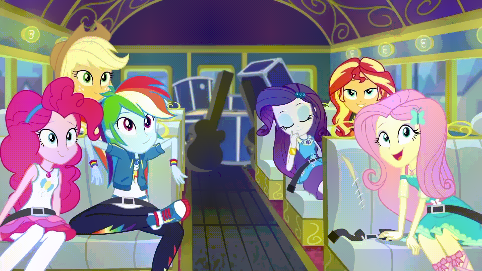 Size: 1920x1080 | Tagged: safe, screencap, character:applejack, character:fluttershy, character:pinkie pie, character:rainbow dash, character:rarity, character:sunset shimmer, my little pony:equestria girls, animated, bus, clothing, converse, female, seatbelt, shoes, sneakers, tour bus